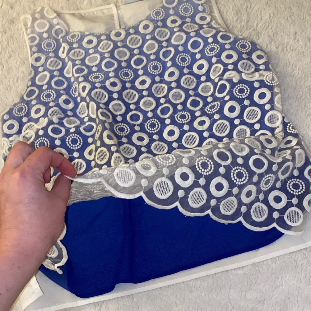 Ann Taylor Blue and White Circle Pattern Embroidered Sleeveless Blouse - Picture 6 of 7